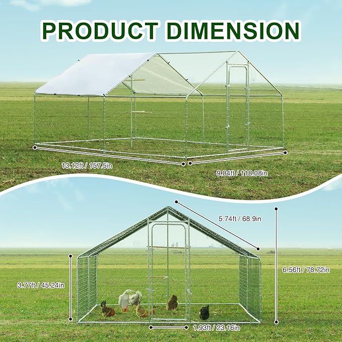 Chicken Coop Large Metal Chicken Run, Outdoor Walk-in Poultry Spire Roof Cage with Chicken Perch for Hen House, Duck Coop and Rabbit Run, Silver (9' L x 13.1' W x 6.56' H)