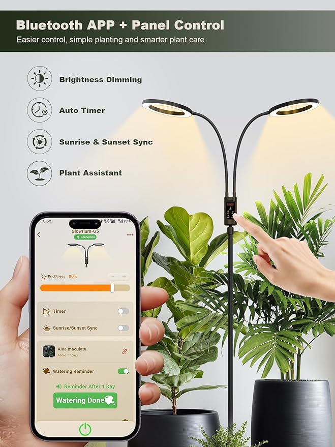 GLOWRIUM Smart Grow Lights for Indoor Plants, 48W Full Spectrum Plant Lights, Bluetooth App & Manual Control, Adjustable Height 47-70.9", Auto Timer, Indoor Plant Lamp for Tall Indoor Plants