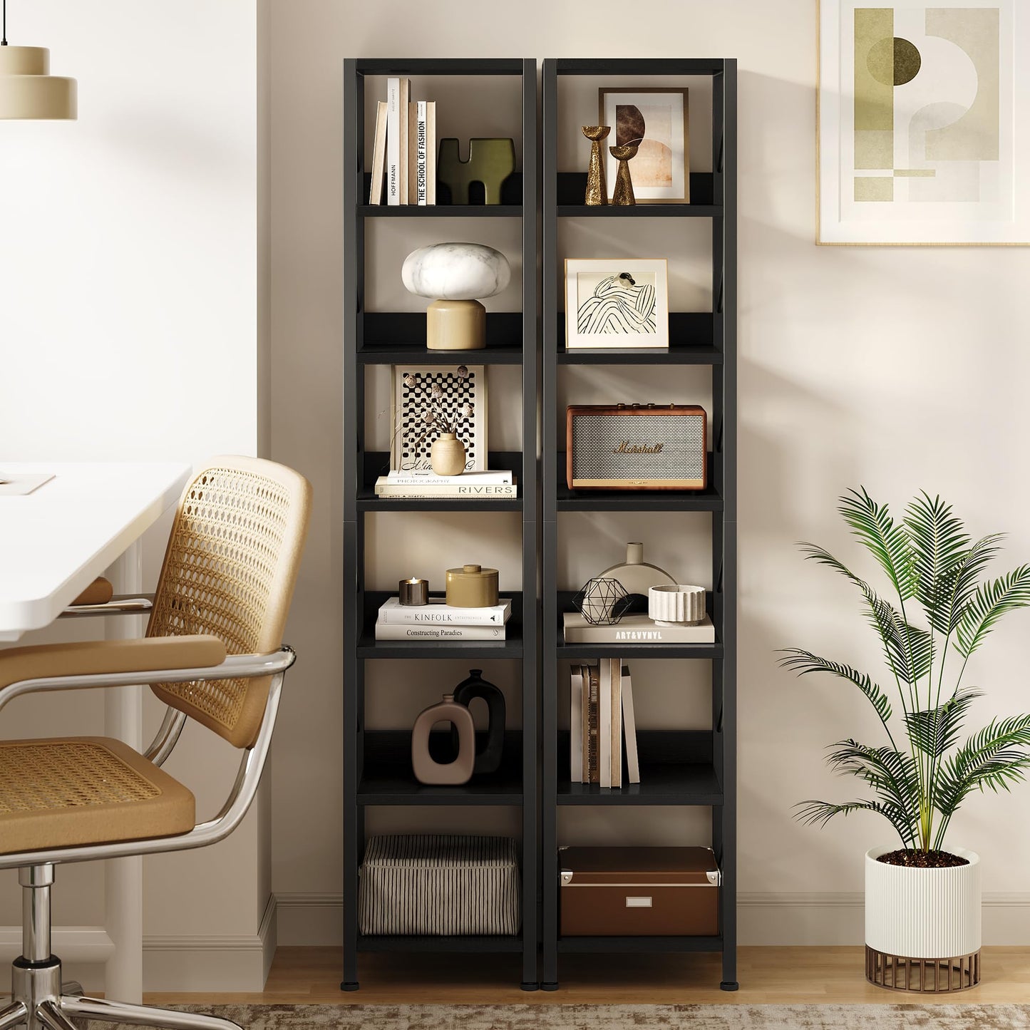 IDEALHOUSE Narrow Bookshelf Tall Skinny Bookcase 6 Tier Storage Rack Rustic Corner Shelf Metal Frame Small Freestanding Bookshelves Industrial Display Stand for Bedroom, Living Room, Home Office