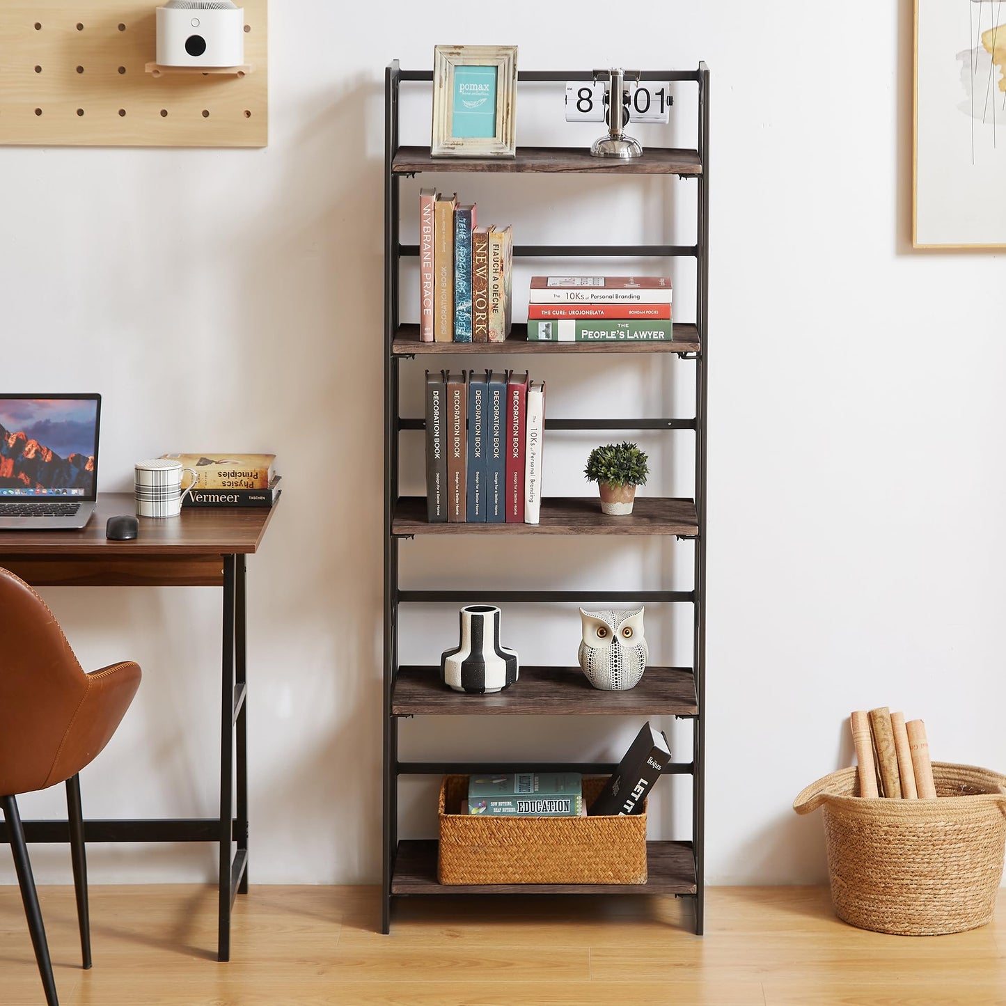 VECELO 2 Set Folding Bookshelf 5-Tier,Industrial Metal Frame & Wood Shelves,Foldable Bookcase No Assembly Free Standing Storage Organizer for Living Room,Office,Bedroom