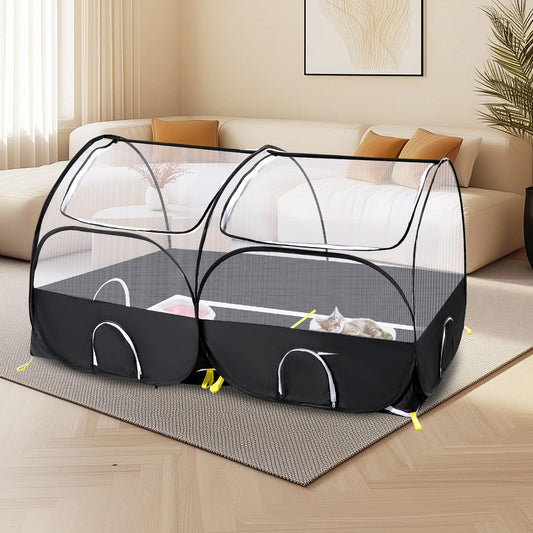 SlowTon Small Animals Playpen, Portable Large Chicken Run Coop with Detachable Bottom Breathable Transparent Mesh Walls, Foldable Pet Enclosure for Puppy Kitten Rabbits Outdoor Indoor (B,Sloping Top)