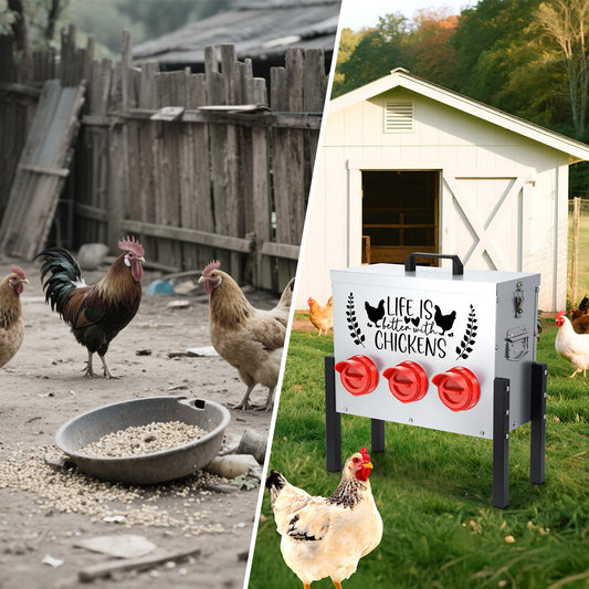 30 lb Chicken Feeder with 6 No-Waste Ports – Heavy-Duty Outdoor Metal Feeder with Adjustable Height, Locking Lid & Riveted Handles – Rustproof Feed Box for Poultry & Backyard Chickens