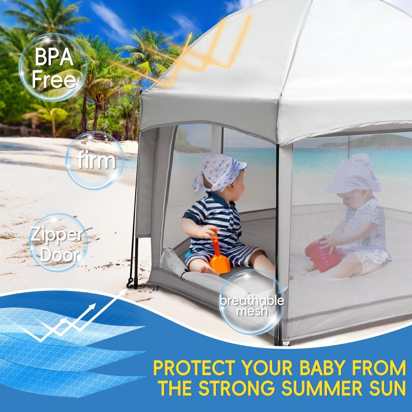 Palopalo Pop Up Baby Playpen with UPF50+ Canopy & Mosquito Net, Indoor & Outdoor Foldable Play Pen for Babies and Toddlers, Portable Baby Beach Tent with Travel Bag, Pop Up Pack and Play Yard, Grey