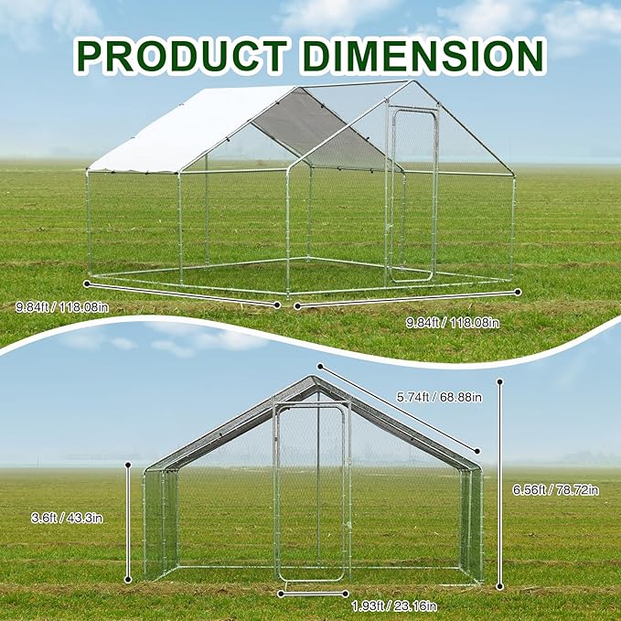 Wonline Large Metal Chicken Coop, Outdoor Walk-in Poultry Spire Top Cage with Climbing Frame Waterproof&Anti-UV Cover, for Hen House, Duck Coop and Rabbit Run, Silver (9.8' L x 9.8' W x 6.56' H)
