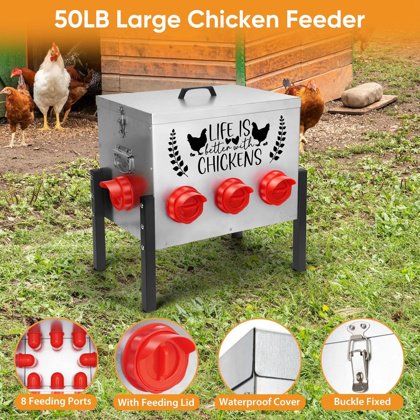 TGEYD 50LB Large Automatic Chicken Feeder – 8 Feeding Ports, No-Waste Poultry Feeder, with Adjustable Legs & Locking Lid
