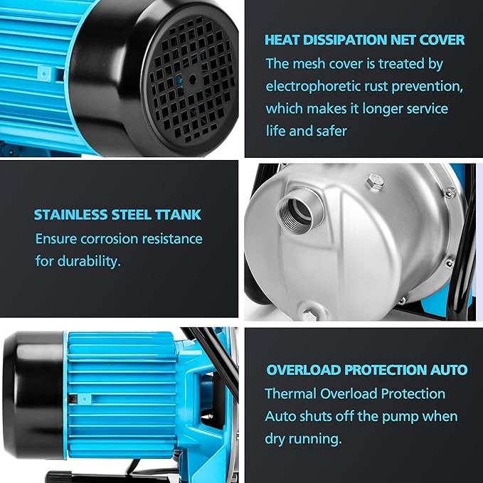 1.5HP Water Transfer Pump,1200GPH Shallow Jet Well Pump,Extended 13FT Power Cord Portable Sprinkler Booster Pump,Irrigation Lawn Fountain Pool Draining Self Priming Transfer Pumps
