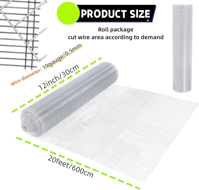 1/2 Inch Hardware Cloth Metal Wire Mesh Fence Roll, 27 Gauge 11.8in x 19.7ft (30x600CM) Hot Dipped Galvanized Chicken Coop Welded Mesh Fence for Poultry Netting Garden Protection