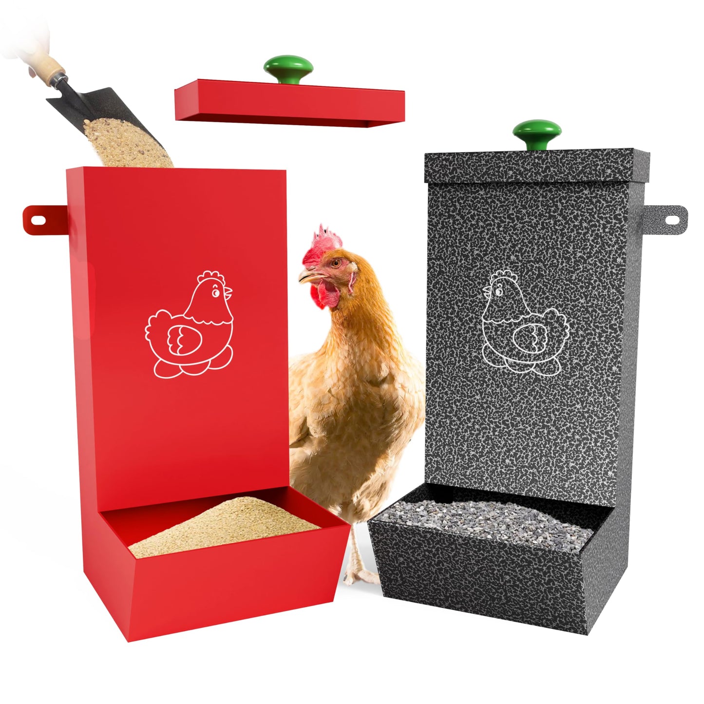 2-Pack Metal Hanging Chicken Feeder with Lid – Waterproof Gravity Poultry Feeder Trough, Automatic Chicken Coop Accessories (Black + Red)