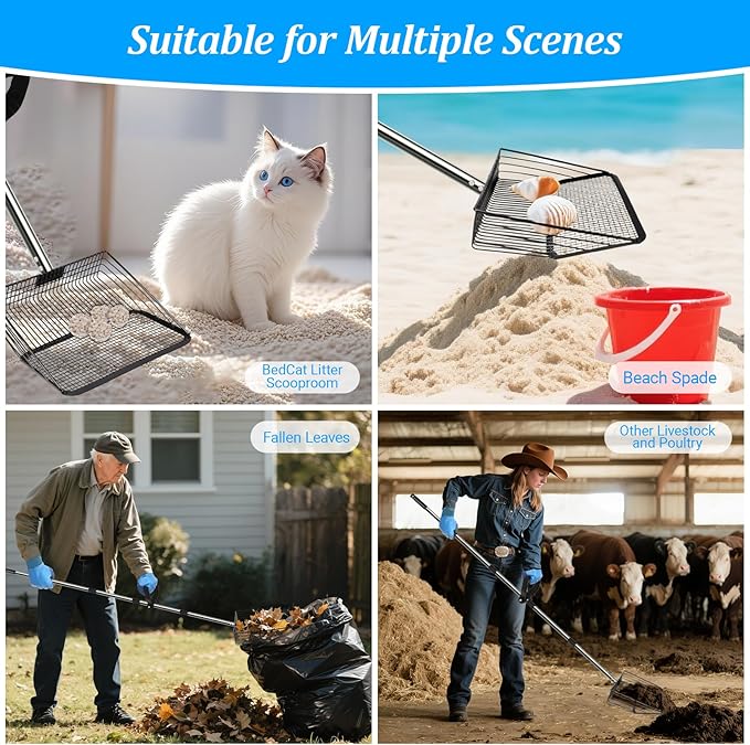 Large Chicken Poop Scooper Chicken Scooper for Poop with 37" to 75" Adjustable Stainless Steel Handle Gloves Litter Sand Sifting Shovel Cleaning Tool for Chicken Coop Goat Stall Stable