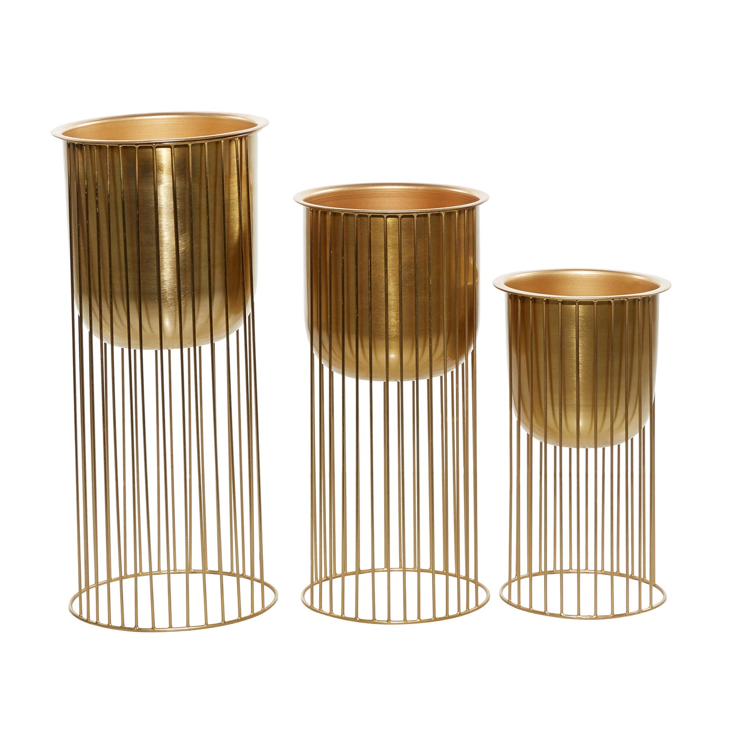 Deco 79 Metal Indoor Outdoor Planter Deep Recessed Dome Large Planter Pot with Elevated Caged Stand, Set of 3 Planters 24", 20", 16"H, Gold