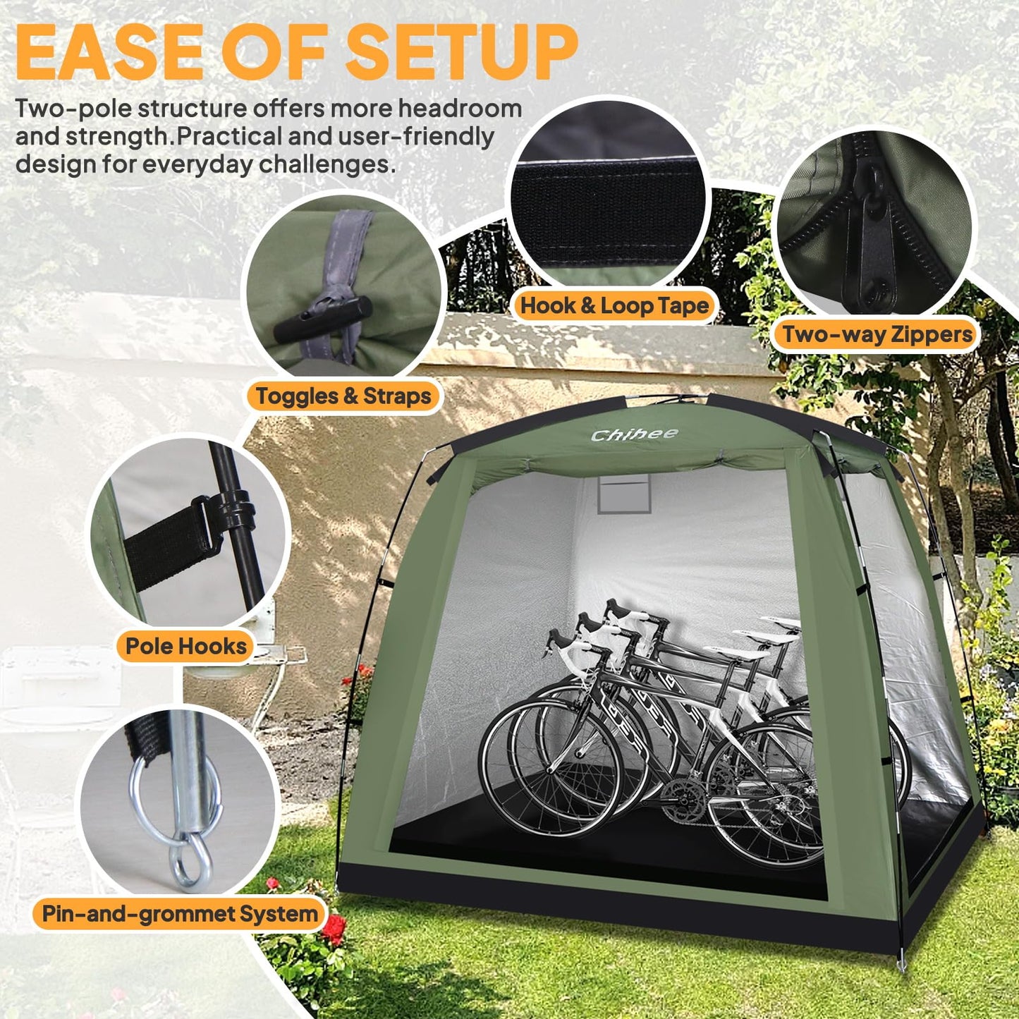 Chihee Bike Covers Shelter Bicycle Storage Sheds Travel Bike Tent Portable Waterproof Bicycle Cover for 2-3 Bikes 2 Doors Outdoor Storage for Motorcycle Garden Tools Lawn Mower All Seasons Easy Setup