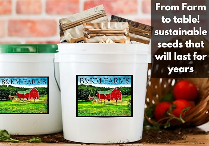 B&KM Farms 25,000+ Survival Seed Kit 5+ Year Supply. 40 Fruit & Vegetable Non-GMO Heirloom Seeds for Planting a Home Garden. Secure Emergency Weather-Proof Bucket