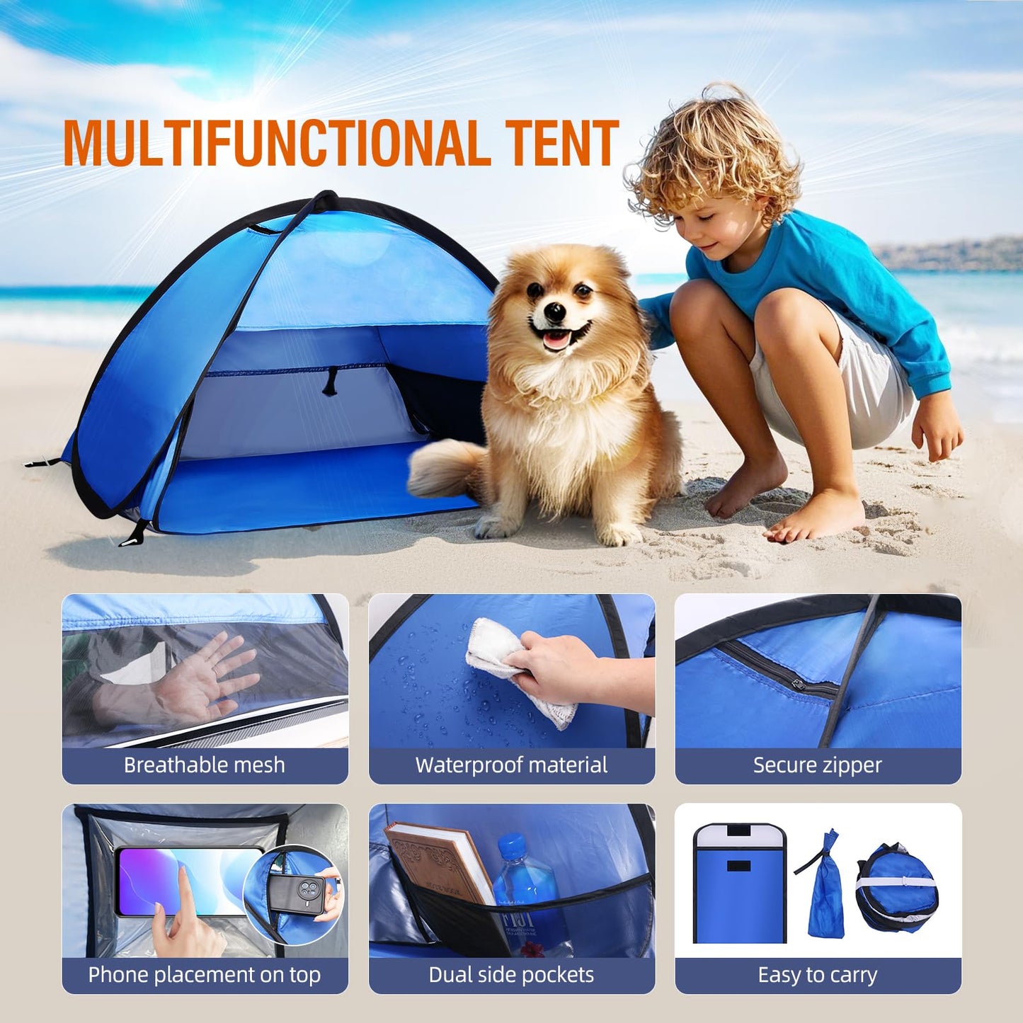 Beach Sun Shelters, Instant Sun Shade Canopy Head PopUp Canopy Automatic Shade Tent for Camping, Portable Windproof Waterproof with Mobile Phone Stand with Tent Nails, with Breathable Mesh, 70cm