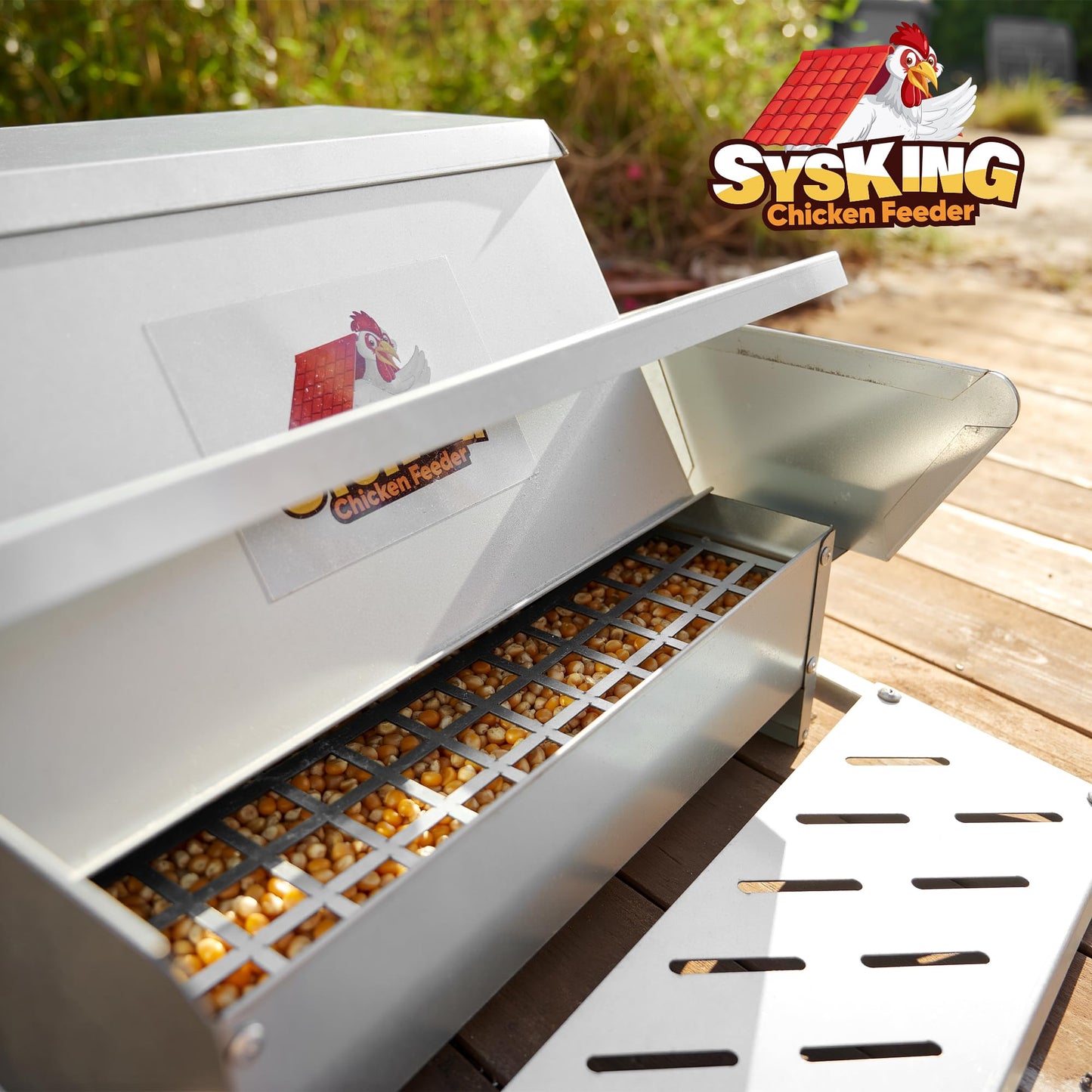 SYSKING Automatic Chicken Feeder - Chicken Feeders No Waste, 25 LB Large Metal Treadle Rat Proof Poultry Feeder for 6-12 Chickens for 10 Days, Weatherproof Lid, Galvanized Steel