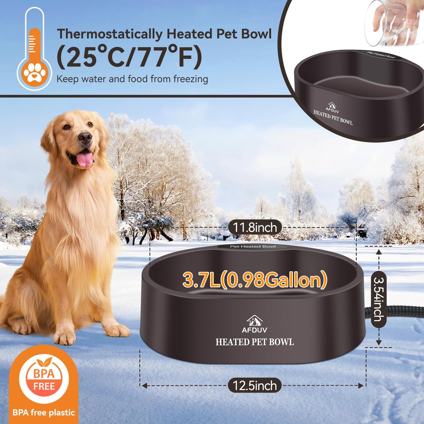Heated Water Bowl for Outdoor Dogs Cats, 3.7L Thermostatic Heated Pet Bowl for Outside Dog Cat Chickens Duck Birds Waterer in Winter, Automatic Heated Dog Bowl Outdoor with Anti Chew Cord