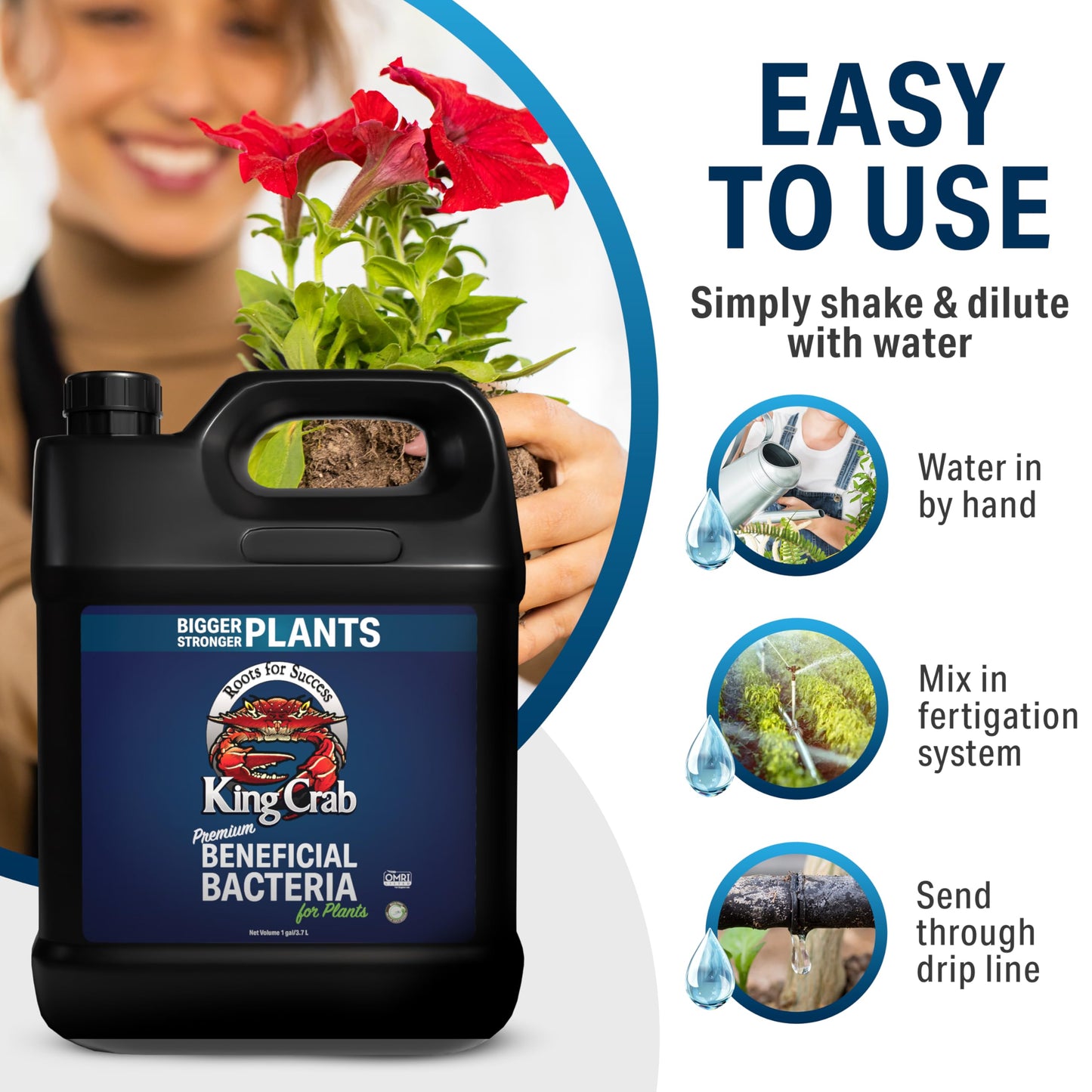 Root Stimulator for Plants, King Crab Ultra Concentrated OMRI Organic Bacteria for Plants, 275 Million Organisms per ml, Roses, Tomatoes, Houseplants, Trees and Succulents 1 gal Makes 7,500 Gallons
