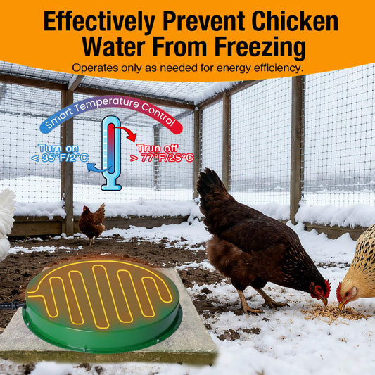 Chicken Water Heater for Winter, 125W Poultry Waterer Heated Base 31.4cm / 12.4in for Metal or Plastic Drinkers 1–5 Gallon, Freeze Proof Thermostat Deicer Chicken Drinker Heater