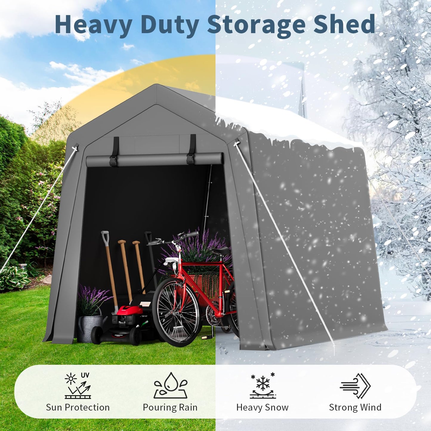 Hipicute 6'x8' Outdoor Portable Storage Shed, Waterproof & UV-Resistant Garage Shelter with 2 Roll-Up Zipper Doors, Anti-Snow Carport Tent for Motorcycle, Bike, and Outdoor Equipment, Gray