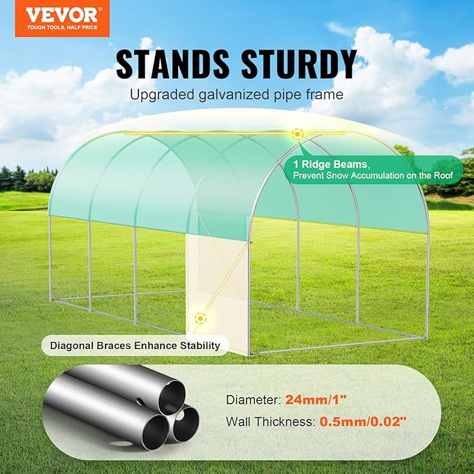 VEVOR Walk-in Tunnel Greenhouse, 14.6x6.4x6.3 ft Hoop House Greenhouse Tunnel, Plant Hot House with Galvanized Steel Frame, Green PE Cover, Roll-up Zipper Door and 8 Windows for Outdoor