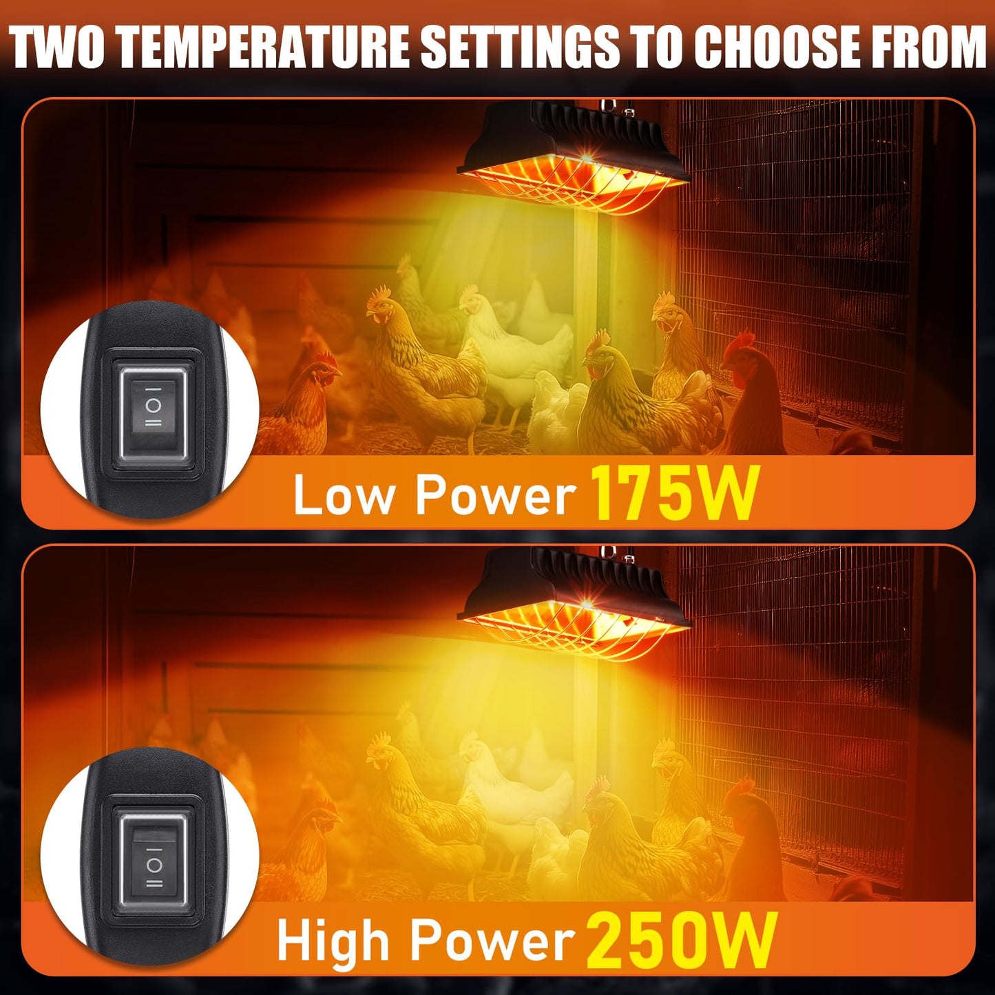 GSDOTZAP 250W Chicken Coop Heater with 2PCS Heat Lamp, Brooder Heater for 30 Chicks Or Ducklings, 6ft Cord Heat Lamp for Chickens, Adjustable Temp & Height Brooder Heating Plate for Livestock Pet