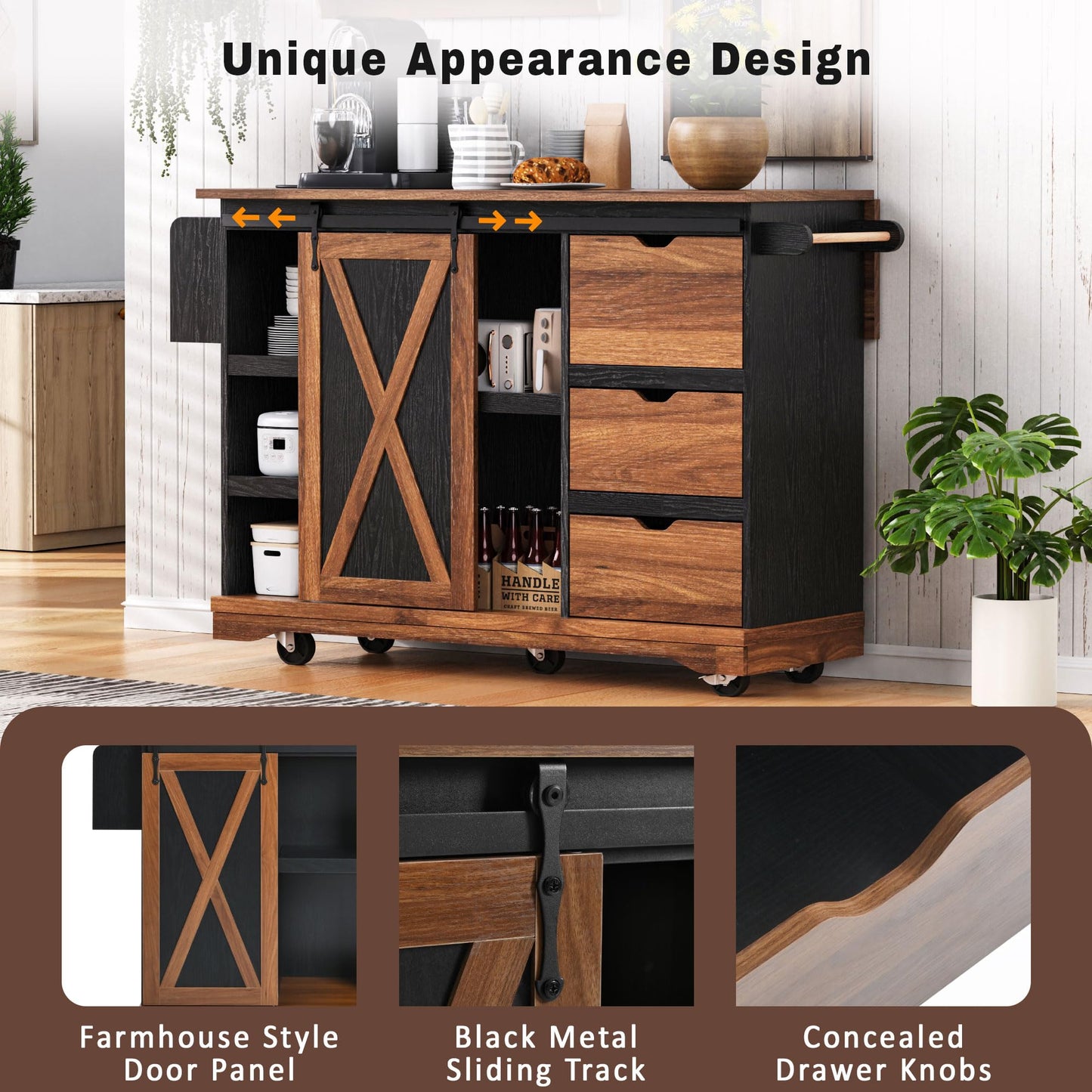 Merax 55.5" Farmhouse Kitchen Island with Drop Leaf, Kitchen Storage Island with Barn Door, Power Outlet, Rolling Kitchen Cart on Wheels with Spice Rack, for Home, Kitchen, Dining Room, Black