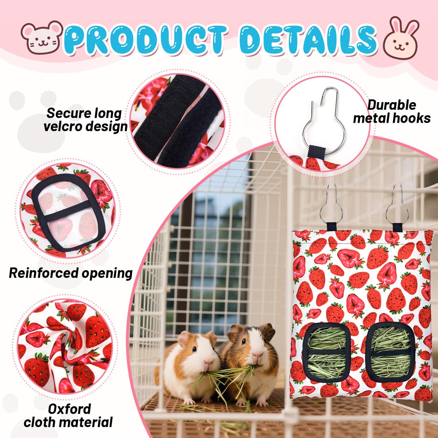 3 Pcs Rabbit Hay Feeder, 2-Hole Hanging Guinea Pig Hay Bags Washable Bunny Hay Bag for Rabbits, Chinchillas, Hamsters, Small Pets and Animals (11.8"×8.7")