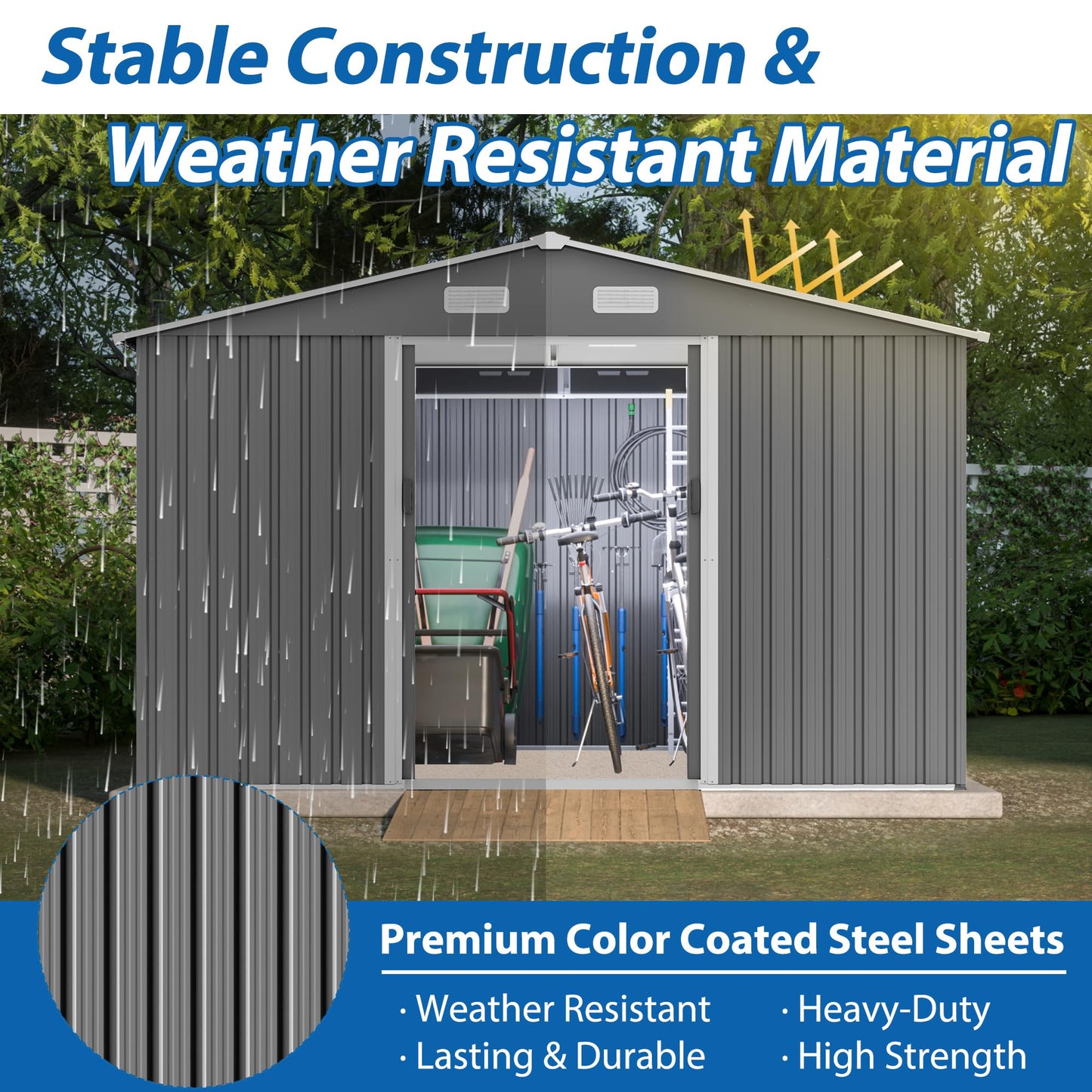 KEIKI Storage Shed 10x8 FT, Large Metal Tool Shed for Outdoor Storage, Galvanized Steel Garden Shed with Lockable Sliding Doors for Patio, Backyard, Lawn, Grey