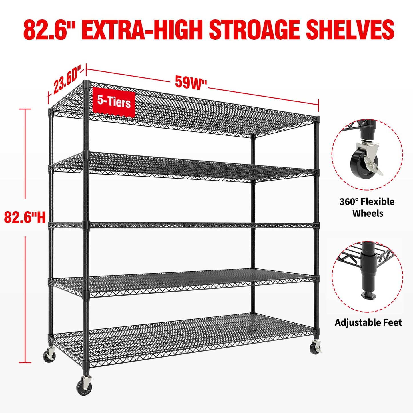 59" W Storage Shelves 86.2" H Heavy Duty Garage Shelving Units with Wheels, 5-Tiers Wire Shelving Rack Metal Storage Shelves for Garage Pantry Kitchen Commercial Industrial, 3300LBS Capacity