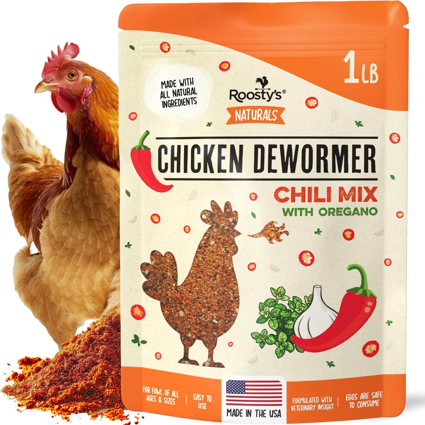 Roosty's Naturals Chicken De-Wormer Powder - Chili Mix | 1LB Pouch | All-Natural Formula | US-Made Chicken Wormer, Poultry De-Wormer