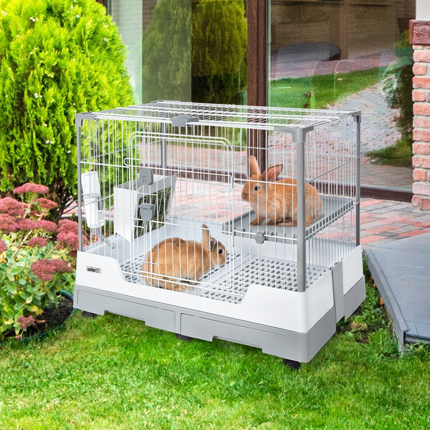 OIIBO Deluxe Rabbit Cage, 32" × 21" × 26" Large Space Bunny Cage Foldable Small Animal Cage with Pull Out Tray and Caster Platform, Professional Household Anti-Spray Urine Rabbit Cage Hutch Indoor