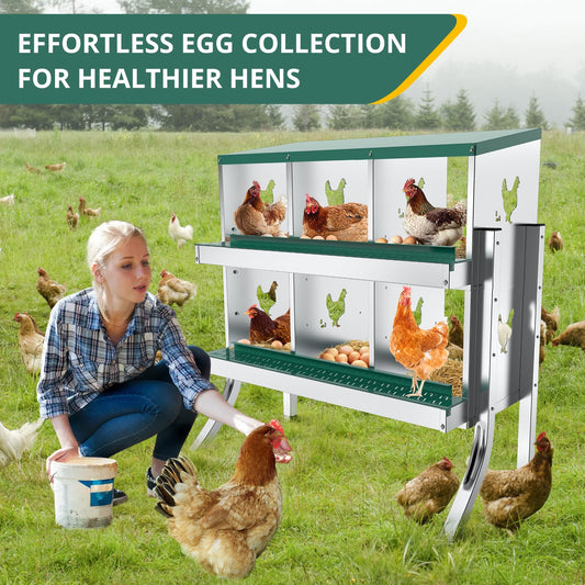 POWLAB 6 Compartment Chicken Nesting Box - Heavy Duty Metal Coop with Roll Away Egg Collection, Perch, Lid Cover for Egg Protection - Wall Mount/Free Standing Nest Box for Chickens, Hens, Ducks