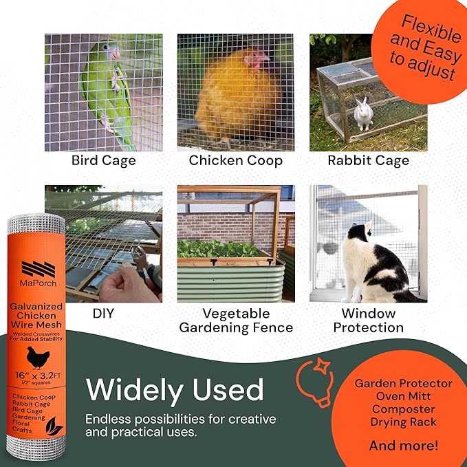 MaPorch Hardware Cloth - 15.7 x 39.3 in, Silver, Garden - Rust-Resistant Galvanized Wire Mesh & Welded Wire Fencing for Poultry Netting, Rabbit Fence & Garden Trellis Support