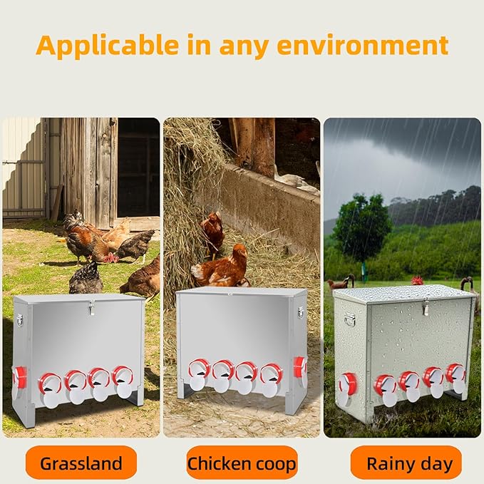 Automatic Poultry Chicken Feeder No Waste Metal Large Capacity 88 lbs Feeders for Chickens Ducks, Geese Bantams Pheasants Coop Weatherproof (10-Port)