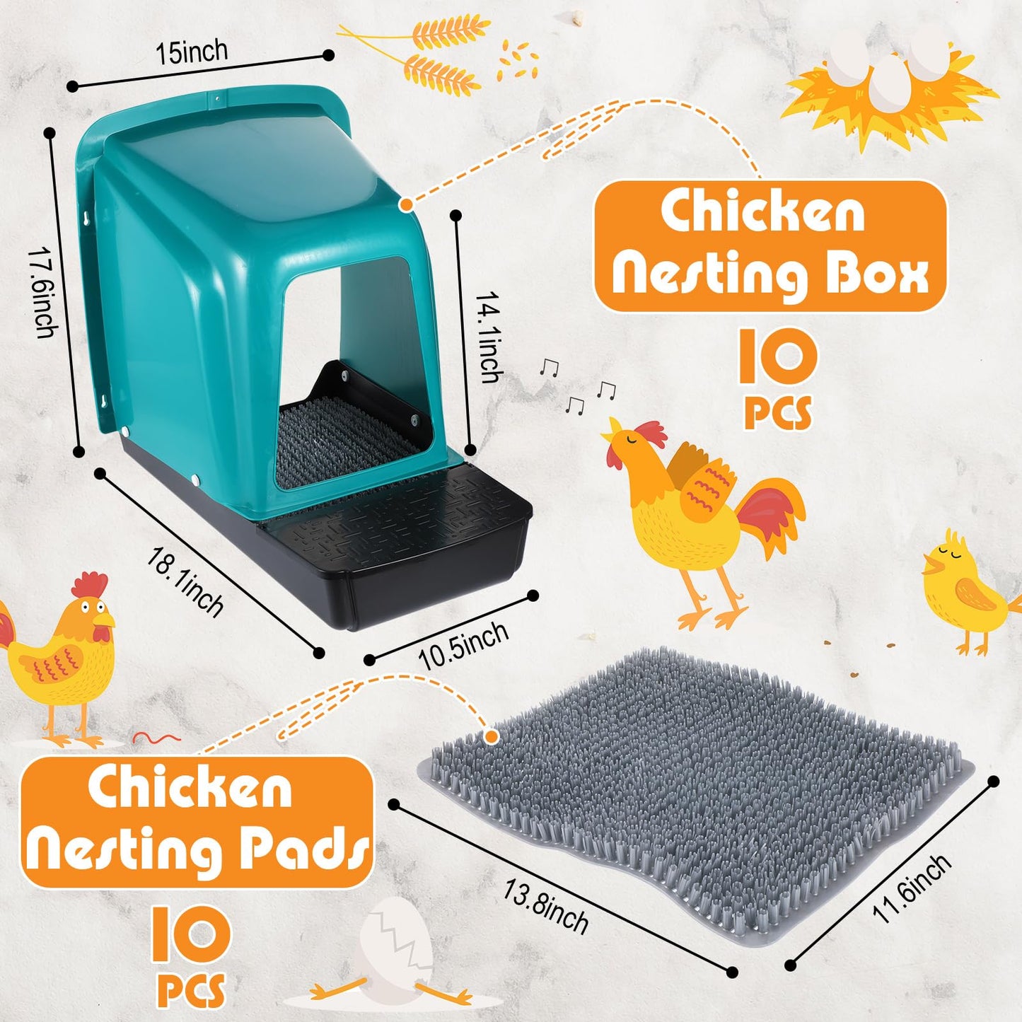 Nuogo 10 Pack Chicken Nesting Box Bulk Chicken Laying Boxes with Pads Large Nesting Boxes for Laying Eggs Plastic Chick Brooder Box for Poultry Farm Backyard Accessories