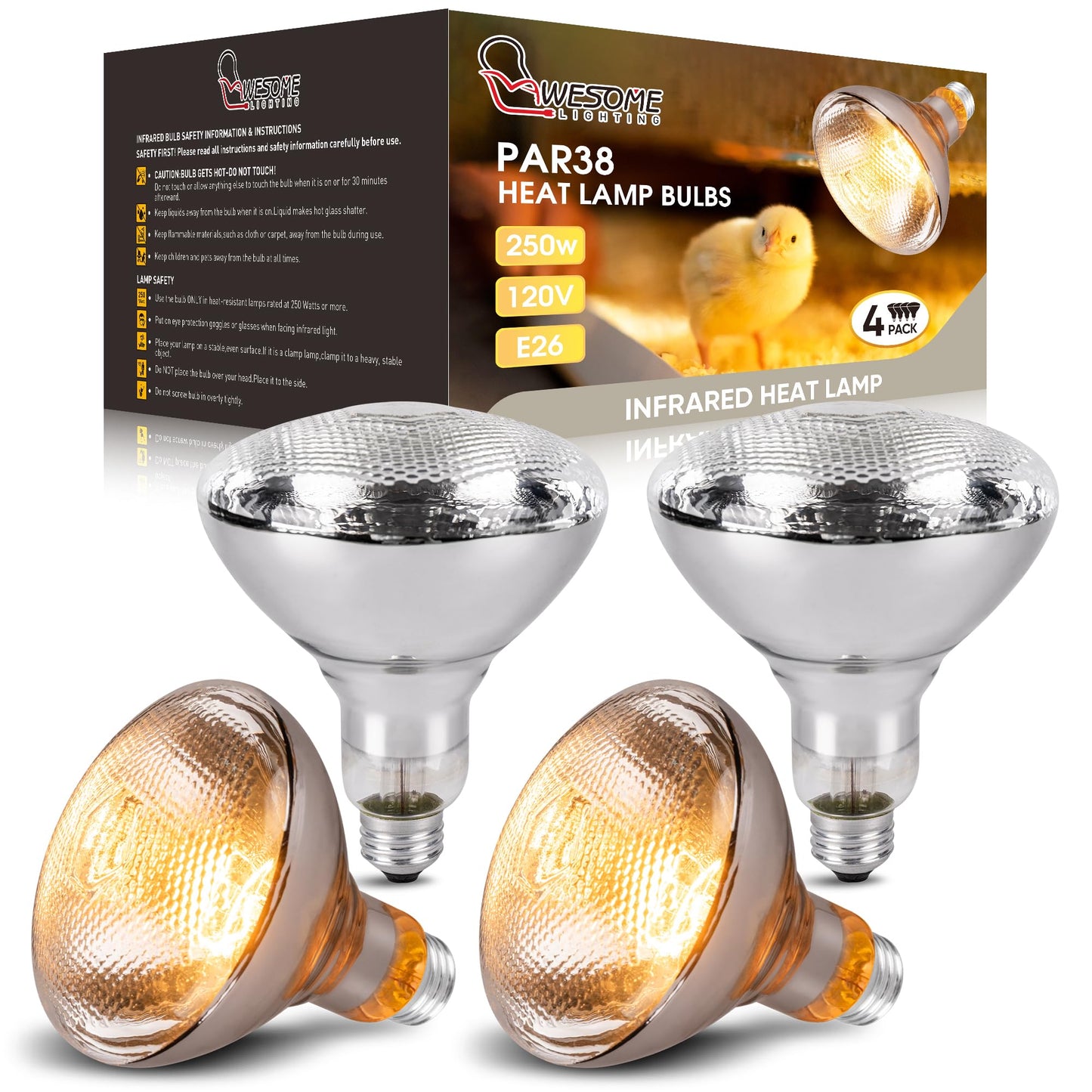 Wesome Lighting 4 Pack 250 Watts Heat Lamp Bulbs for Chickens,PAR38 Clear Glass Brooder Heat Lamp, Infrared Reflector Heat Bulbs for Pets, Bathroom, Food Service