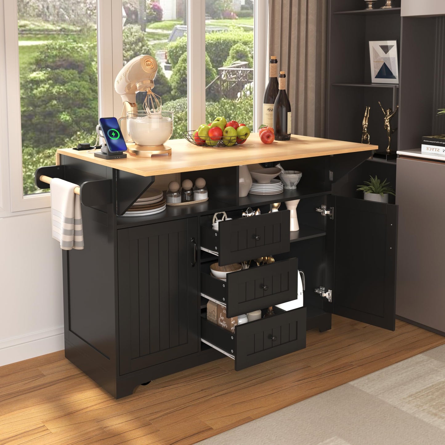 Merax 55.7" Large Kitchen Cart Island on Wheels Foldable Dining Table with 2 Drop Leaf,Power Outlet,3 Drawers,Wood Frame Storage Cabinet