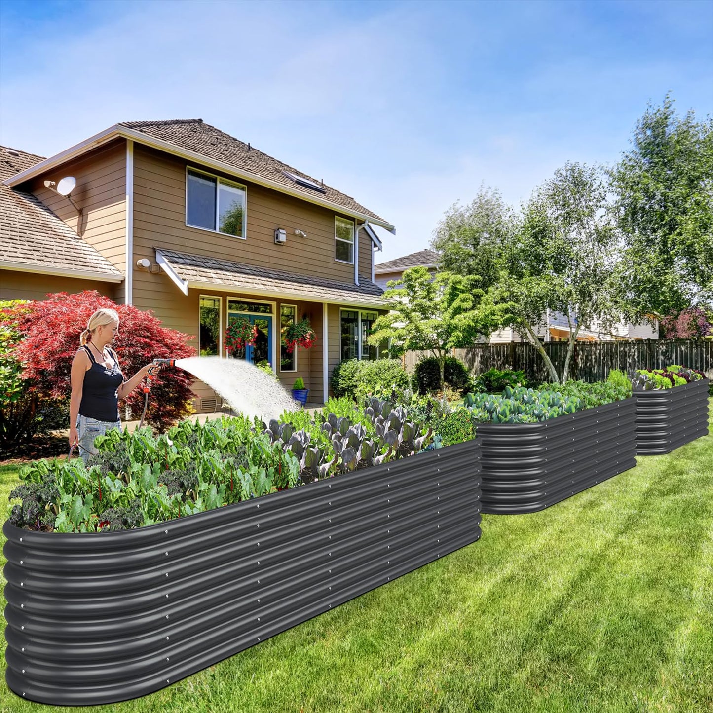 FRIZIONE 12FT(L)×2FT(W)×2FT(H) Raised Garden Bed Outdoor, 12 in 1 Adjustable Raised Garden Beds for Flower, Raised Planter Box Outdoor for Herb, Vegetable-Gray
