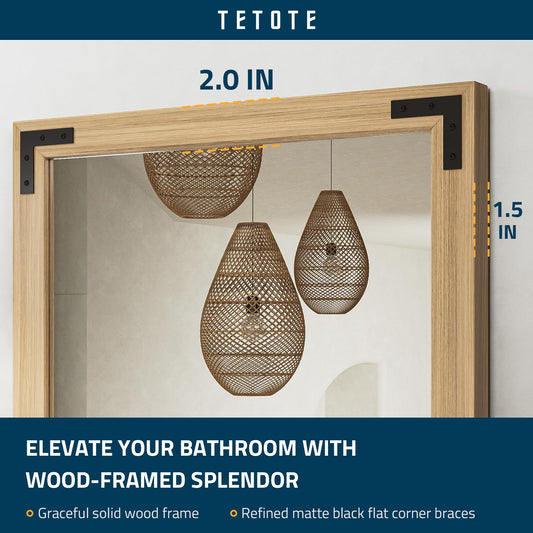 TETOTE 55 x 36 Natural Wooden Mirror for Bathroom Wall/Bedroom/Living Room/Entryway Farmhouse Rustic Bathroom Vanity Mirror Waterproof (Horizontal/Vertical Mounted)