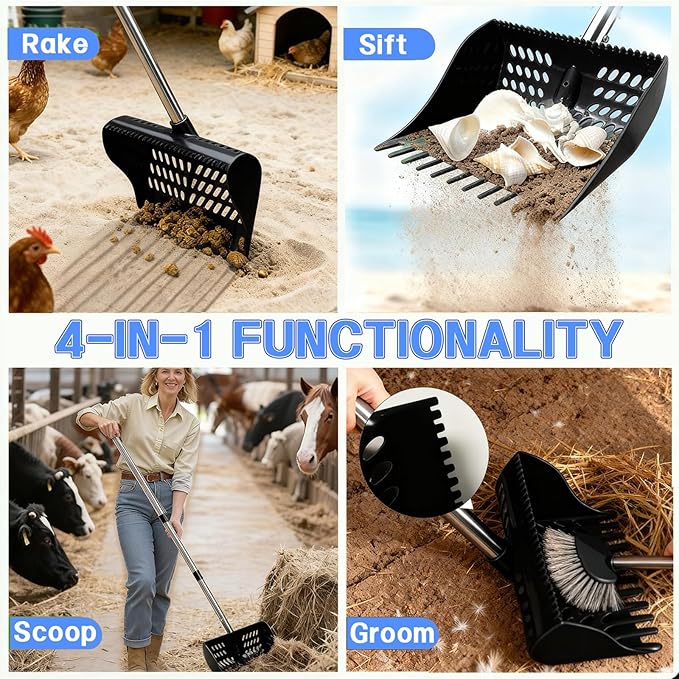Chicken Poop Scooper & Rake 4-in-1, 9" Sifting Plate with Adjustable Stainless Steel Handle (35.4"-63") - Chicken Coop Scoop for Chicken Coops, Sand & Animal Litter (Single Unit, Black)