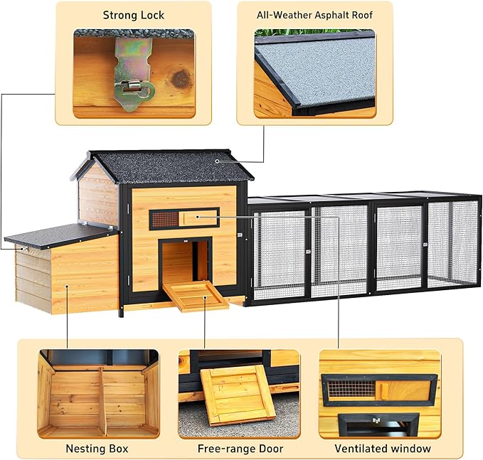 118" Large Wood Chicken Coop,Outdoor Hen House with Nesting Box Poultry Cage,Oversized Enclosed Run,Hen Coop with Leak-Proof Pull-Out Tray,Asphalt Roof & Free-Range Doors,Black+Gold