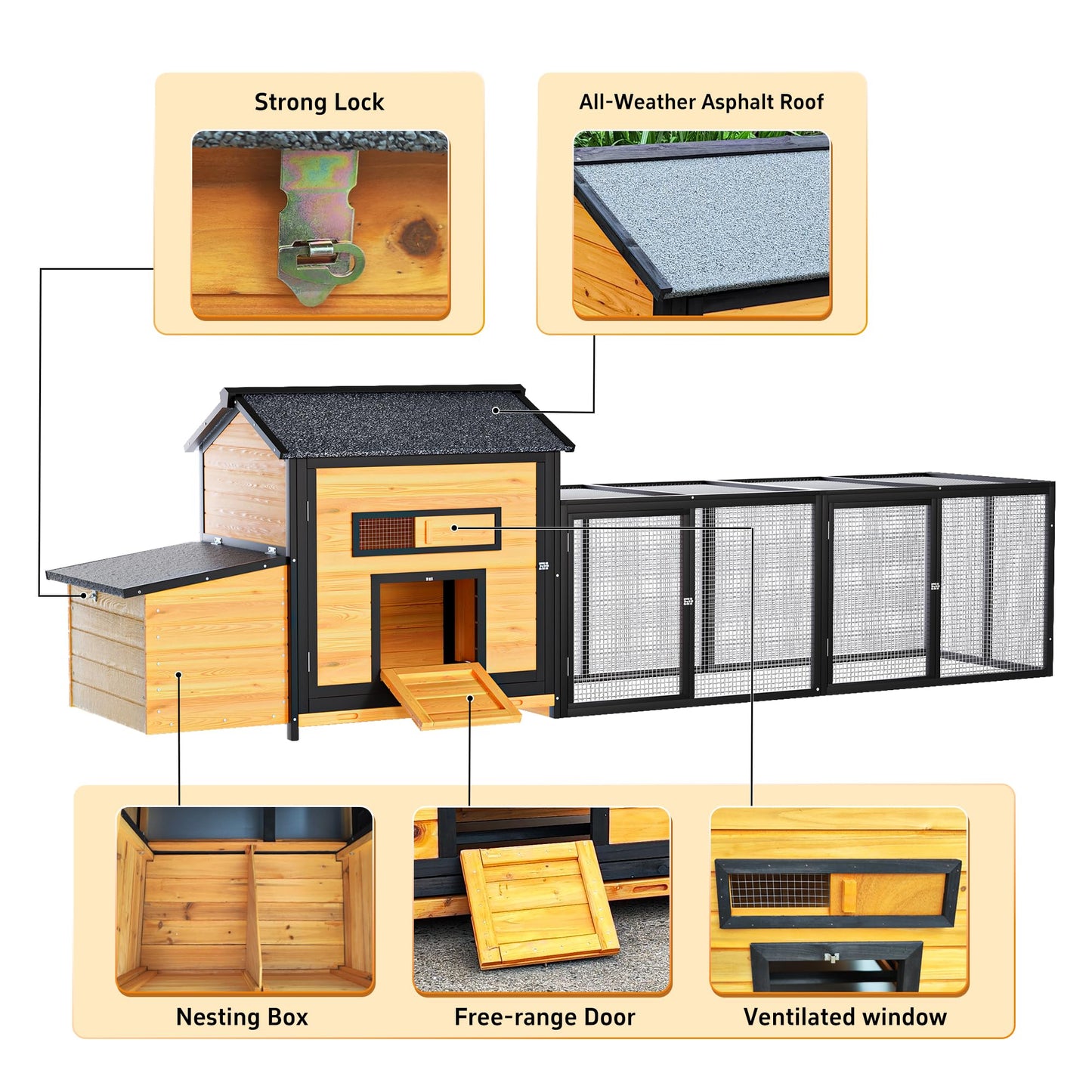 YOPTO 118" Large Wood Chicken Coop,Outdoor Hen House with Nesting Box Poultry Cage,Oversized Enclosed Run,Hen Coop with Leak-Proof Pull-Out Tray,Asphalt Roof & Free-Range Doors,Black+Gold