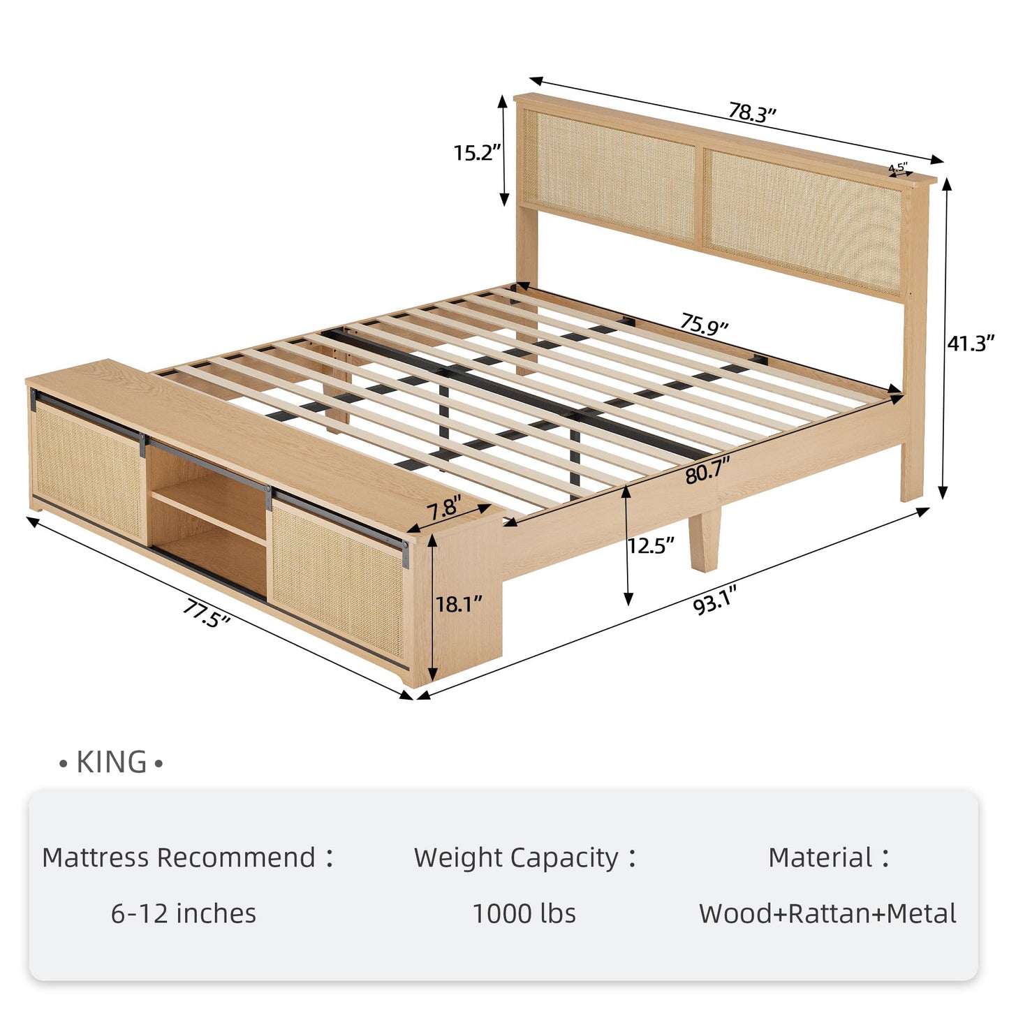 GarveeHome Natural Rattan King Size Bed Frame with Sliding Barn Door Storage Cabinets and Headboard, Boho Farmhouse Wood Platform Bed with Solid Wood Legs Support, No Box Spring Needed