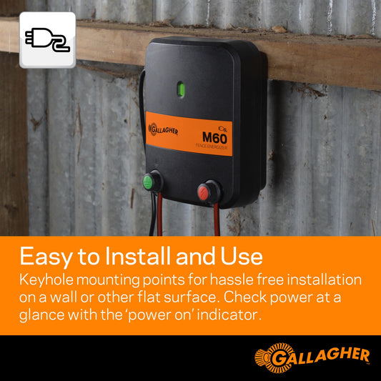 Gallagher M60 Electric Fence Charger | 110V Plug-in Energizer for Up to 20 Acres or 5 Miles | Low-Impedance Fencer for Livestock, Poultry, and Gardens | Compact & Reliable Power Source