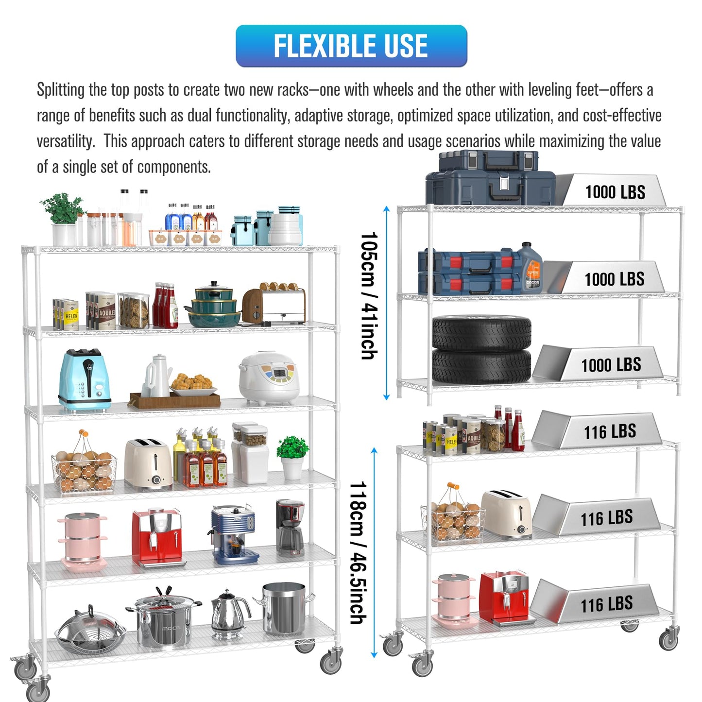 6 Tier NSF Wire Shelf Shelving Unit, 18 x 60 x 87.5 Inch 6000lbs Capacity Heavy Duty Adjustable Storage Metal Rack with Wheels/Leveling Feet & Shelf Liners, Ideal for Garage, Kitchen, and More - White