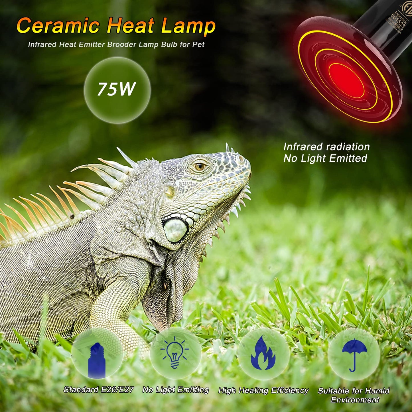 FIVEAGE 2 Pack 75W Black Ceramic Heat Emitter, Reptile Infrared Heat Lamp Bulb, No Light Emitted, Pet Brooder Coop Heater for Amphibians and Reptiles, Lizard, Turtle, Aquarium, Snake