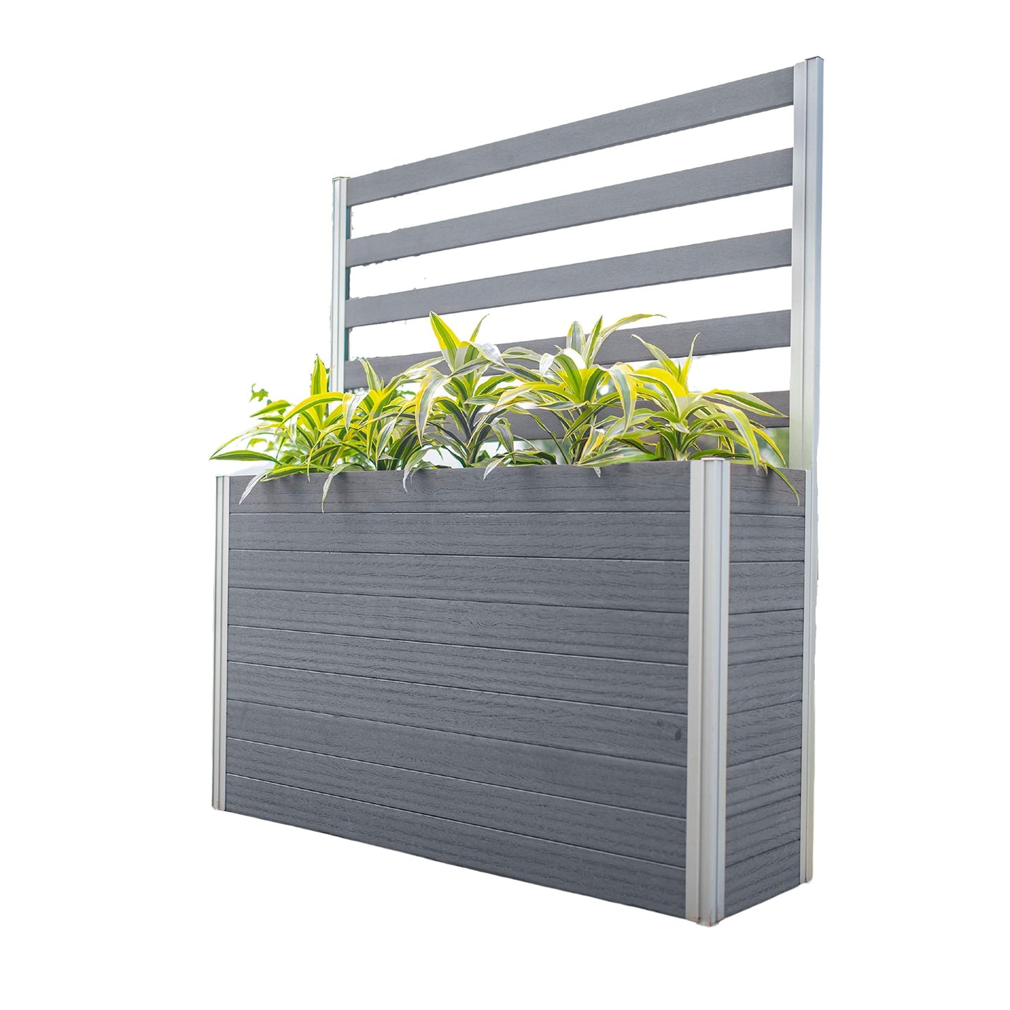 Vita Urbana 16 inch x 56 inch x 33 inch Embossed Vinyl Large Parklette Planter with Trellis, Slate Grey, Gray, Woodgrain, PVC, BPA and Pthalate Free, VT17634