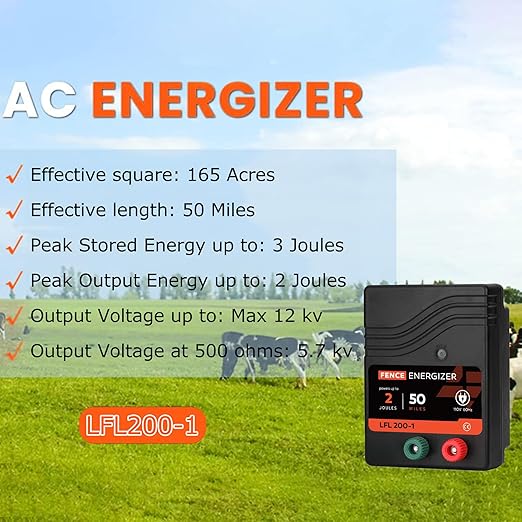 Electric Fence Charger AC Powered 50 Miles 165 Acres, 110 Volt 2 Joule Plug-in Electric Fence Energizer, Output Voltage Max 10 kV for Livestock, Preventing Predators from Intruding