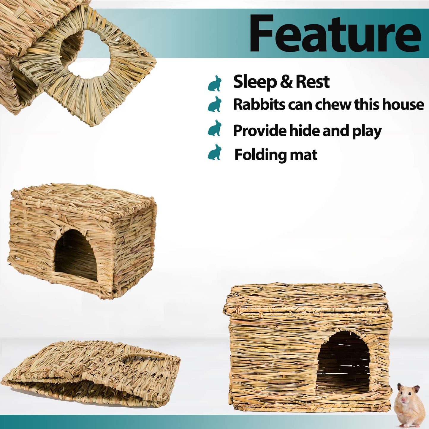 HERCOCCI Extra Large Grass House for Rabbit, Foldable & Comfortable - Small Animal Hut Play Hideaway Bed Hay Mat Chew Toy for Bunny Guinea Pig Hamster Chinchilla (2 Pack)