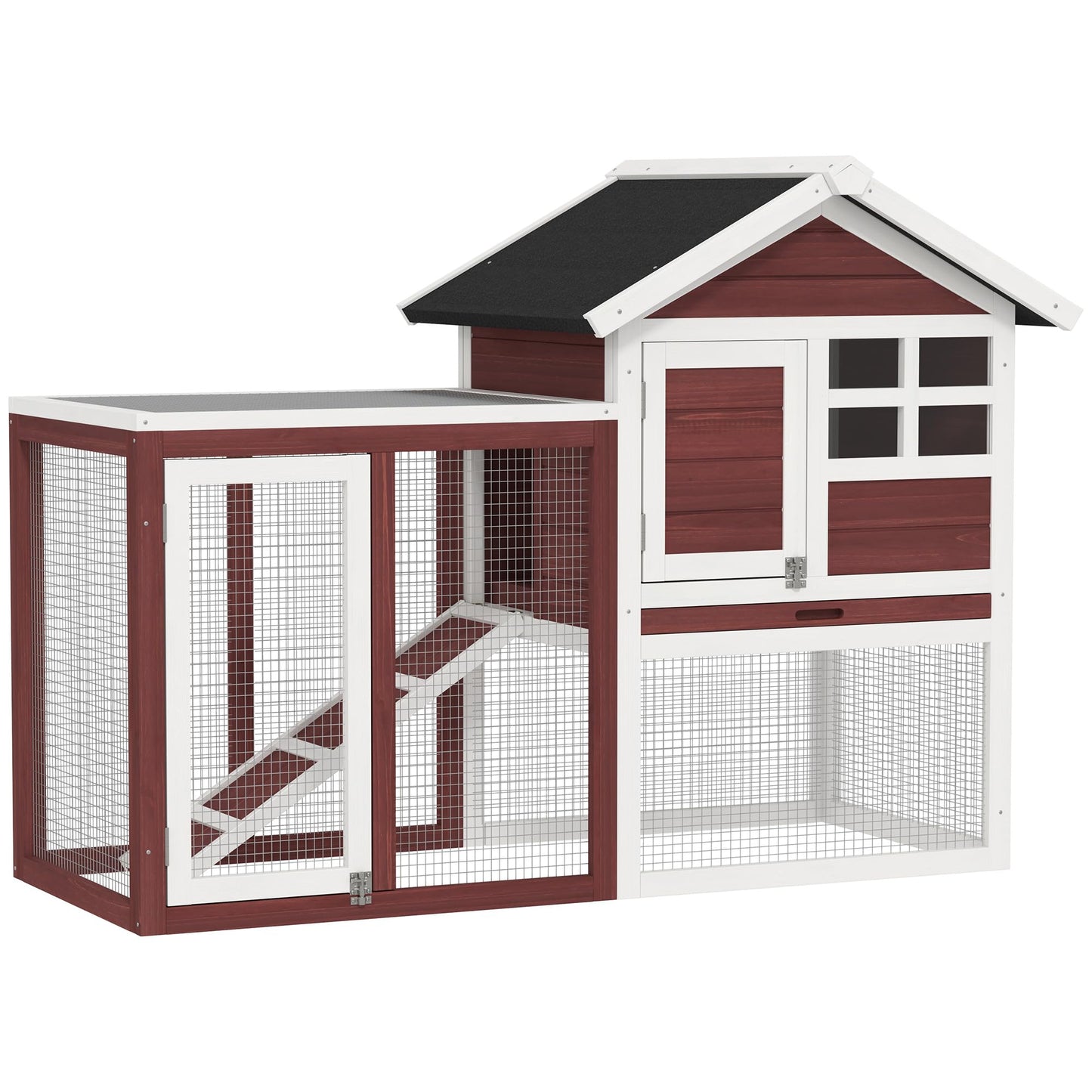 PawHut 48" Wooden Rabbit Hutch Bunny Cage with Waterproof Asphalt Roof, Fun Outdoor Run, Removable Tray and Ramp, Brown