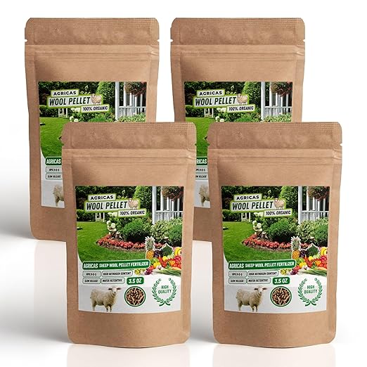 Wool Pellet Organic Fertilizer (4 * 3.5 oz), Made of Sheep Wool, Water Holding, Enhances Soil Health, Ideal for Fruits, Vegetables, Flowers, Indoor and Outdoor Plants - 4 Pack